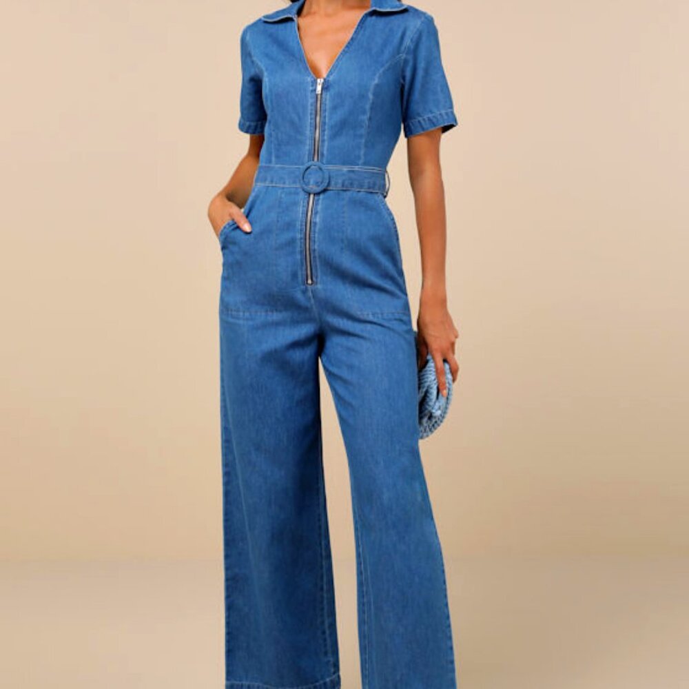 Lulus Cherished Charm Blue Chambray Collared Short Sleeve Jumpsuit - Size XS